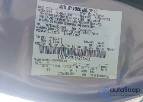 2006 Ford Taurus Se from USA, damaged, VIN 1FAFP53U16A256805